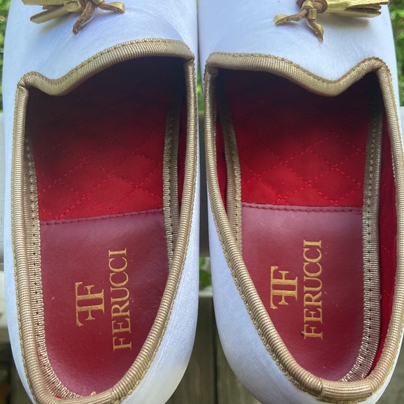 Handmade FERUCCI Men's White Satin Loafers with Gold Tassels Size 8 - Picture 4 of 7